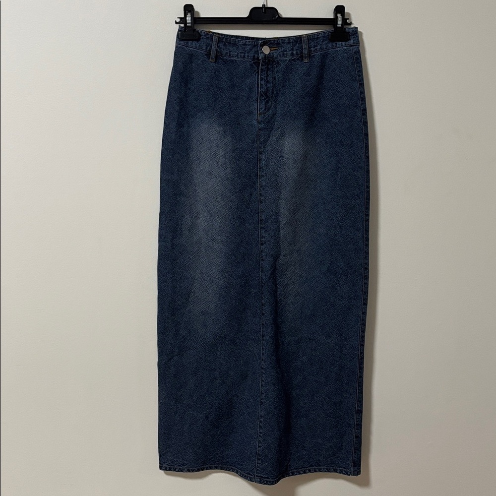 VINTAGE (4) Denim Maxi Skirt Smart Set Back Slit Slim Fitting - Picture 2 of 13